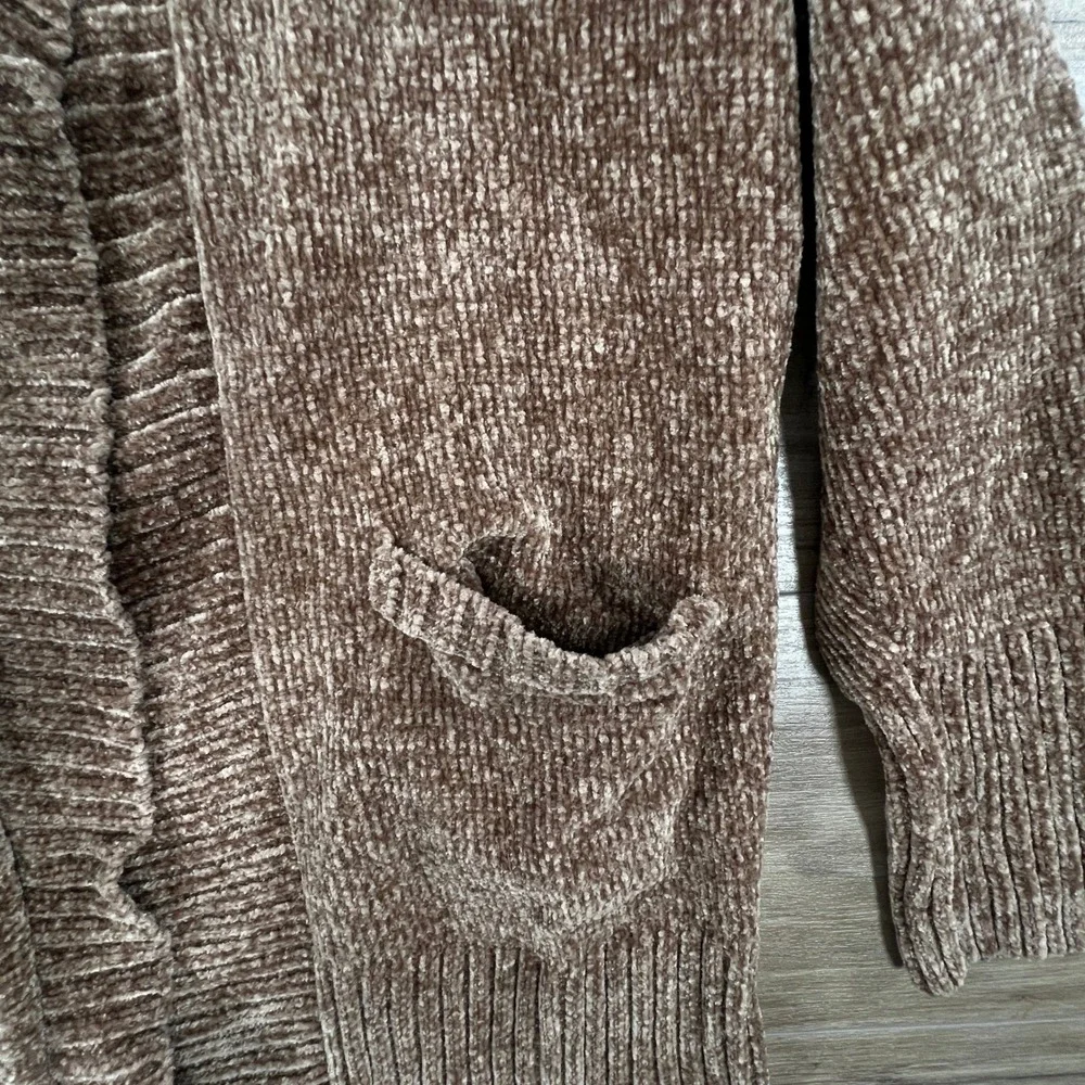 Orvis Brown Chenille Cardigan Sweater Shawl Collar Open Front Pockets Large
